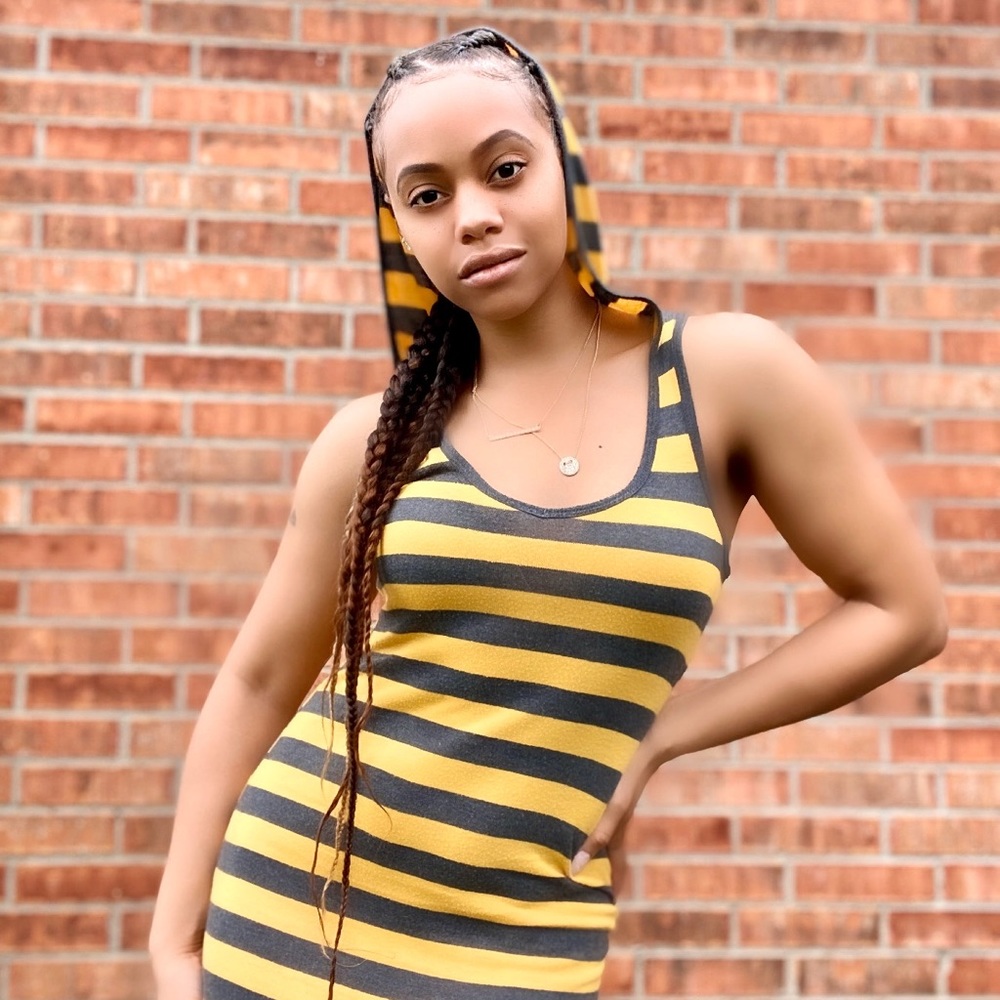 Hooded Yellow/Gray striped Dress (racer back)